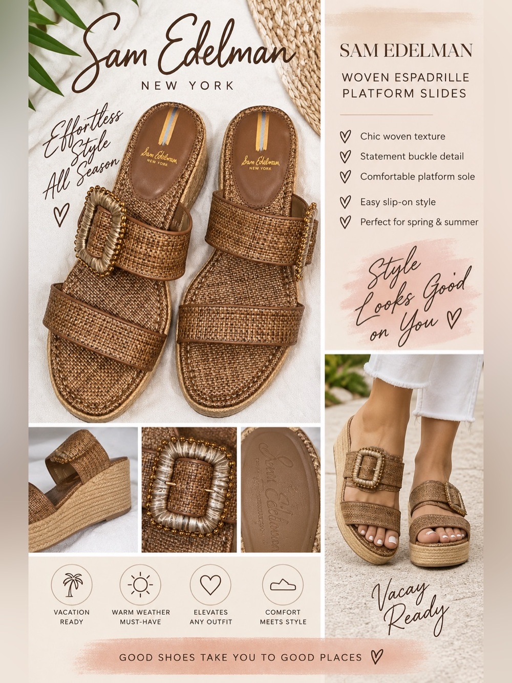 Sam Edelman Tan Woven Espadrille Platform Slides with Buckle